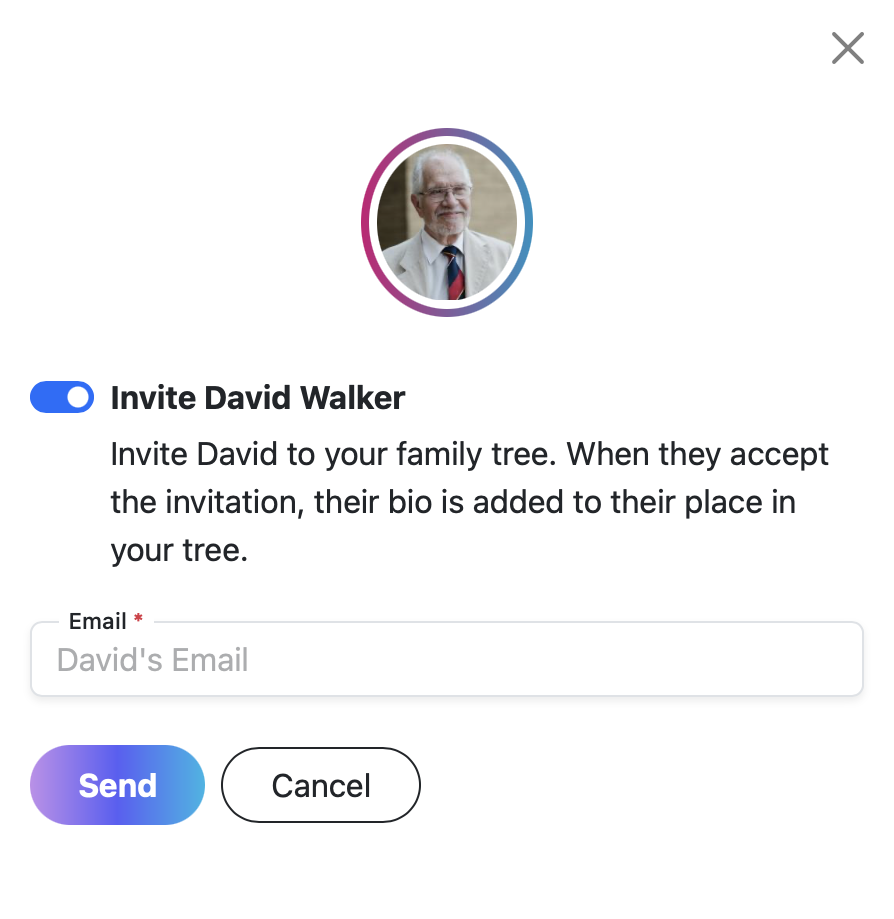 Inviting David Walker to a bio family tree by email